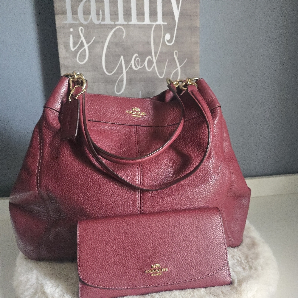 Coach Burgundy Leather Tote and Wallet Set